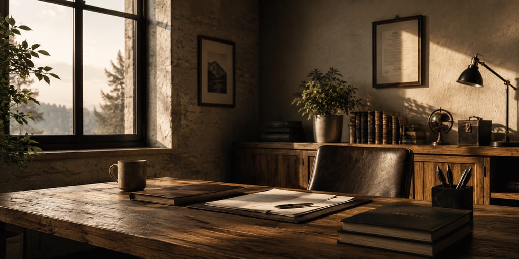 A study with a wooden desk, an open ledger and a reading lamp at golden hour