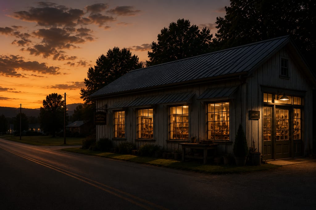 A country building at dusk with warmly lit windows