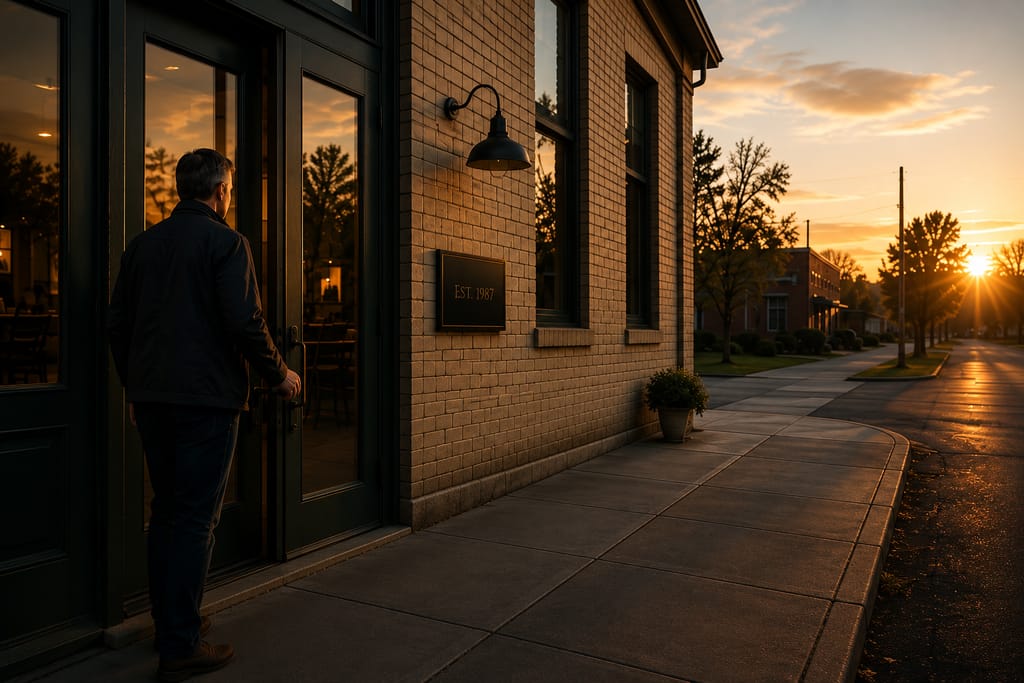 A business owner unlocking a storefront at sunrise