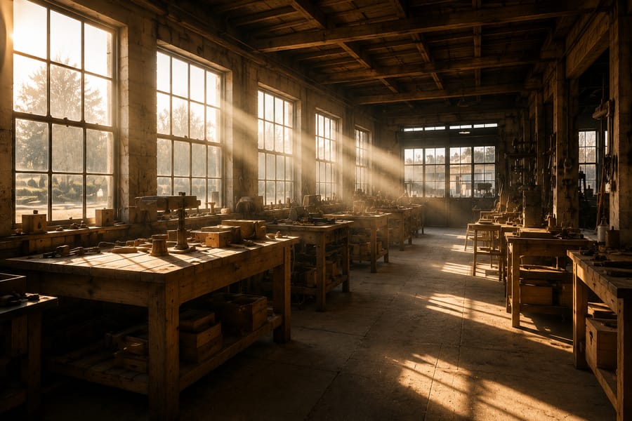 A sunlit workshop interior with wooden workbenches